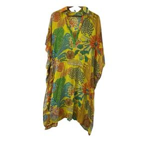 Escada Sport 100% Silk Swim Coverup Kaftan Size S Yellow Floral Tropical Beach
